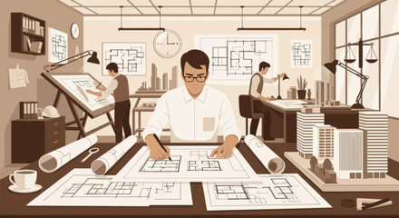 Detailed architectural workflow with draftsmen refining blueprints at office