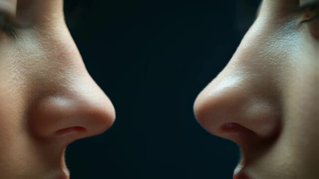 Close medium shot capturing a patients ideal nose on one side and a misshapen postrhinoplasty result on the other highlighting the psychological impact of body dysmorphia.