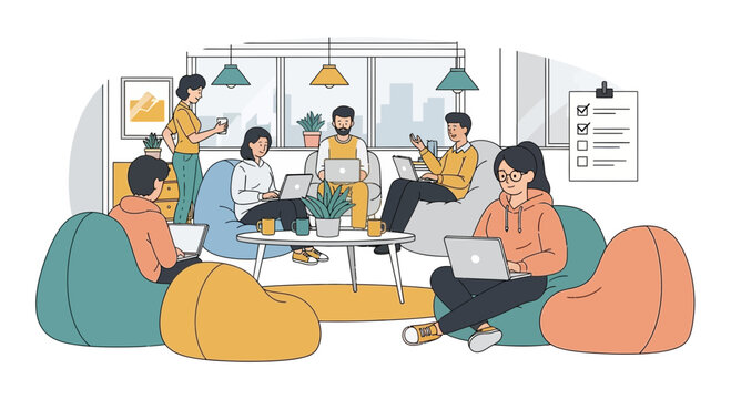 Illustrative depiction of a team collaboration in a modern open workspace