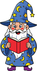 Cartoon Wizard Reading Spell Book—Blue Robe, Starry Hat, White Beard, and Magical Character for Fantasy, Kids, and Story Themes