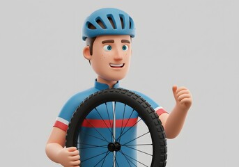 Cyclist holding a bicycle wheel, smiling with helmet, ideal for sports and cycling projects
