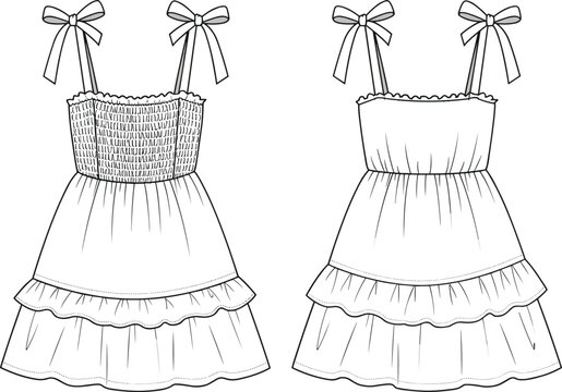 cad drawing flat vector illustration, girls dress fashion sketch, smocked bodice design, ruffled hem template, apparel technical drawing, garment construction