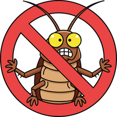 Funny Cartoon Cockroach with Red Prohibition Sign—No Roaches Symbol for Pest Control, Clean Zones, and Hygiene Awareness Campaigns