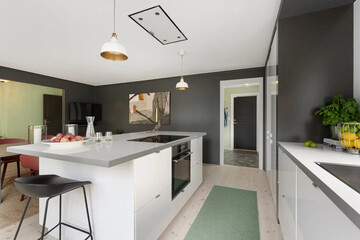 Modern luxury kitchen interior in minimal scandinavian style, 3d render