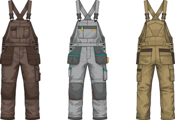 cad drawing flat vector illustration of work overalls front and back view, industrial clothing design, technical fashion template