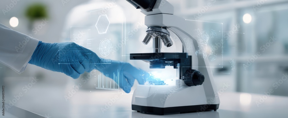 Poster the microscope illuminated with digital holograms and gloved hand examining a sample