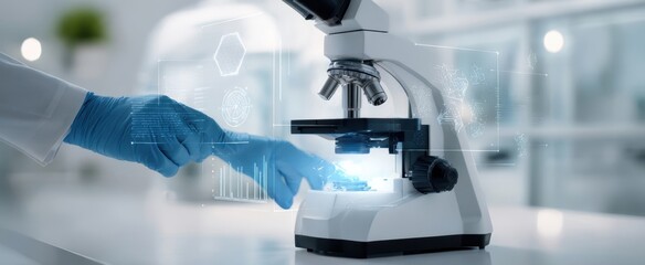 The microscope illuminated with digital holograms and gloved hand examining a sample