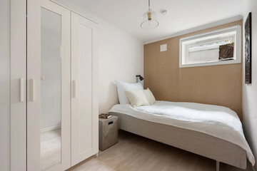 Modern luxury bedroom interior in minimal scandinavian style, 3d render