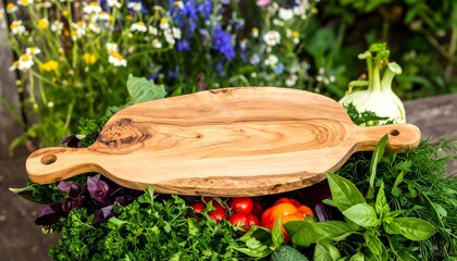 Wooden cutting board atop a bed of fresh herbs and vegetables