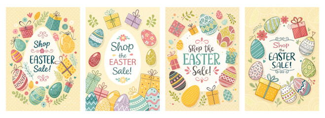 Colorful Easter sale posters featuring decorative eggs and gifts, perfect for celebrating the festive season.