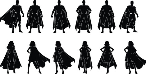 Twelve Superhero Silhouettes in Dynamic Poses, Male and Female Figures with Capes and “S” Emblems—Perfect for Comic and Hero Themes