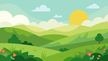 Fototapeta premium Green mountain landscape with trees, a summer meadow, and a clear sky with clouds
