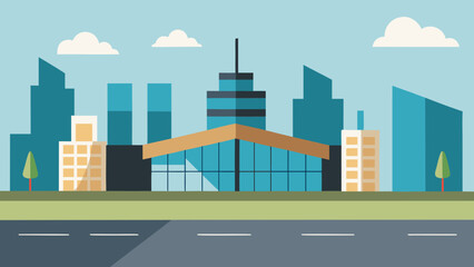 Urban vector illustration of a modern city skyline with towering buildings and skyscrapers along a busy street