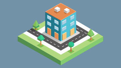 Isometric illustration of an urban city map with various buildings, streets, and houses