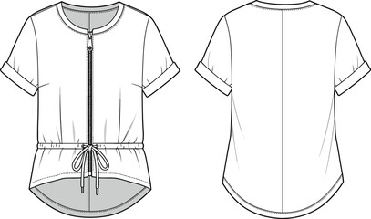 Short sleeve women’s blouse with front zipper and waist tie detail, casual top fashion design, cad drawing flat vector illustration © Earshad Creative