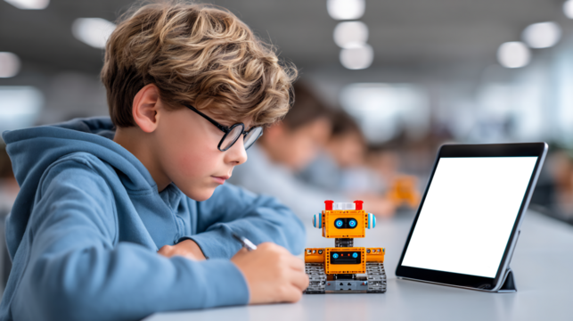 Boy robot coding education technology learning ai engineering student classroom future kids stem study Mockup Transparent Screen 