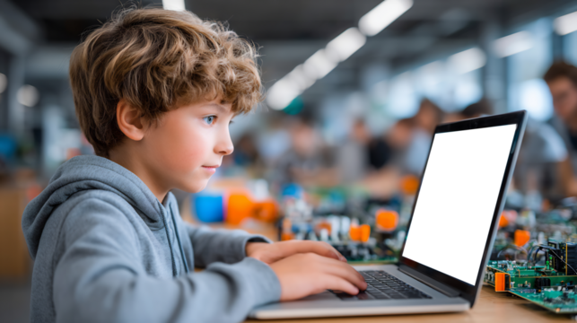 Boy coding laptop computer programming education technology learning science stem robotics future skill Mockup Transparent Screen 