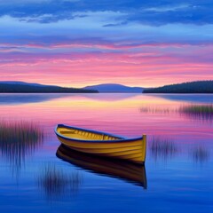 Fototapeta premium A tranquil lake at twilight with a wooden boat gently resting on calm waters and a serene landscape.