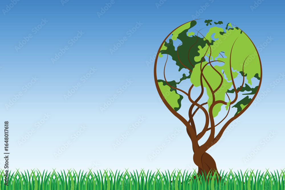Poster stylized tree featuring the world map as its leafy canopy. the scene is set against a gradient blue 