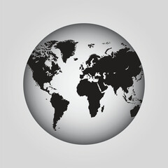 This image displays a world map silhouette on a globe against a gray background. The continents are represented as solid dark shapes, creating contrast and highlighting the earth.