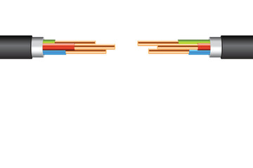 A section of black cable is split in the middle, with copper wires showing at both ends and colored insulation partially visible. The background is plain white.
