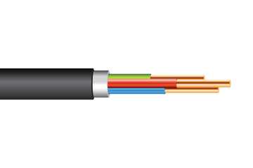 A detailed close-up of a cut electrical cable, revealing insulated color-coded wires like blue, green, and orange. The cable is isolated against a stark white background.