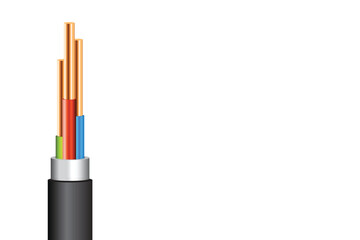 An electrical cable is isolated against a white background. It contains copper wires, color-coded insulation, a silver layer, and a black outer jacket.
