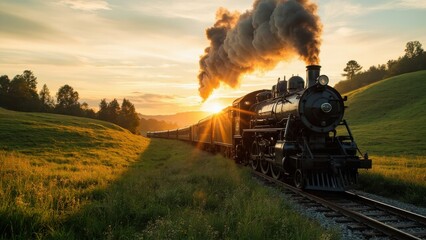 An old vintage steam train with a lot of smoke rides on a railway track through a green rural landscape at sunset. The atmosphere of nostalgic travel and adventure