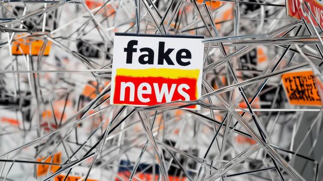 Fake news is written on a sign that is hanging from a wire. The sign is surrounded by many other signs, creating a tangled mess. Scene is chaotic and disorganized
