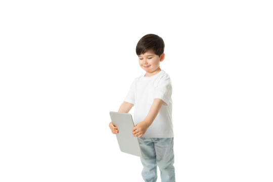 Boy Holding Tablet, PNG, isolated on transparent Background
