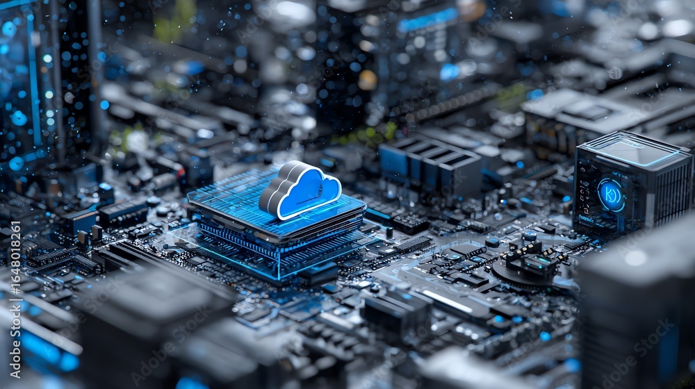 Poster a vibrant, detailed macro view depicts a glowing cloud icon positioned atop a complex network of cir