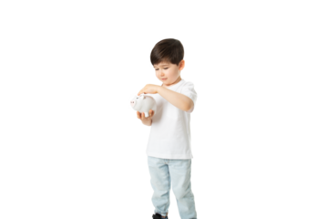 Boy with Piggy Bank, PNG, isolated on transparent Background