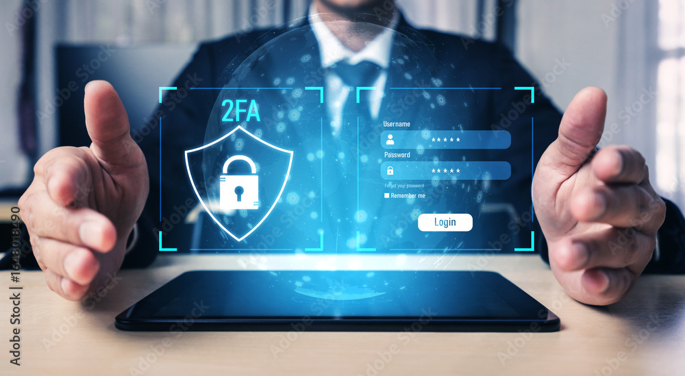 Poster two-factor authentication strengthens login system security. adds protection, two-factor authenticat