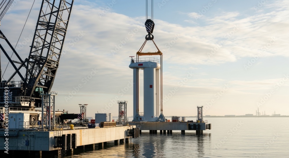 Poster heavyduty crane lifting a verticalaxis windturbine nacelle onto an integration dock illustrating tur