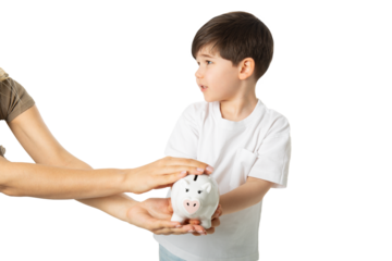 Boy with Piggy Bank, PNG, isolated on transparent Background