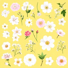 Colorful floral collection on yellow background
