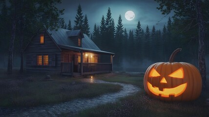 Spooky Halloween Cabin in the Woods at Night