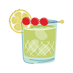 Midori Sour Cocktail. Glass with beverage, ice, lemon wheel, cherries. Alcohol drink made from vodka. Hand drawn flat design vector illustration.