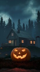 Spooky Halloween Cabin in the Woods at Night