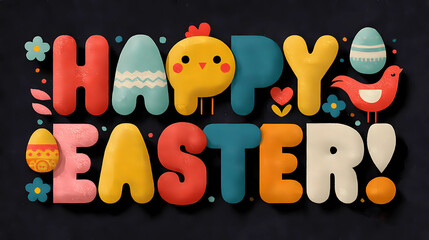 Obraz premium A vibrant Easter greeting card featuring the text Happy Easter with charming chicken illustrations and colorful Easter eggs. This festive design captures the joy of spring celebrations, perfect for