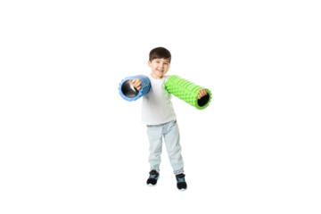 Boy Holding Foam Rollers, PNG, isolated on transparent Background