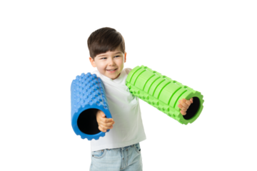 Boy Holding Foam Rollers, PNG, isolated on transparent Background