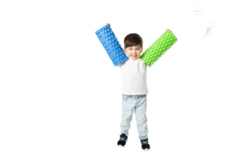 Boy Holding Foam Rollers, PNG, isolated on transparent Background