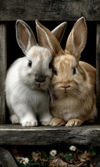 Obraz premium Bunny duo nuzzling on rustic plank