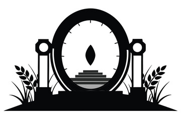 Mystical Portal Silhouette with Staircase, Plants, and Supporting Structures in a Symbolic Design