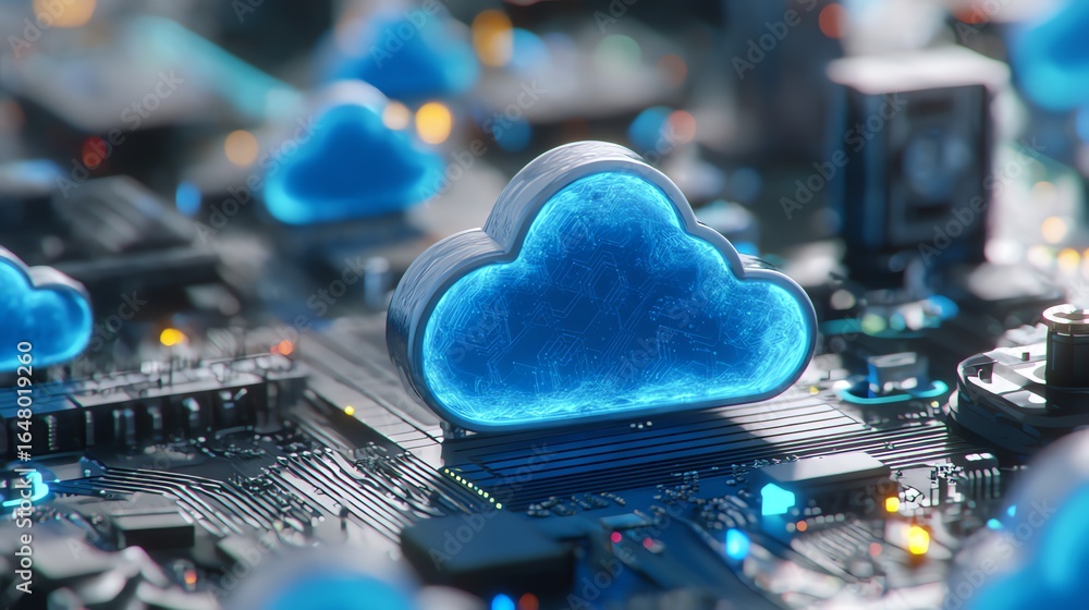 Aufkleber a luminous cloud form rests atop a complex network of circuitry, symbolizing the convergence of digi