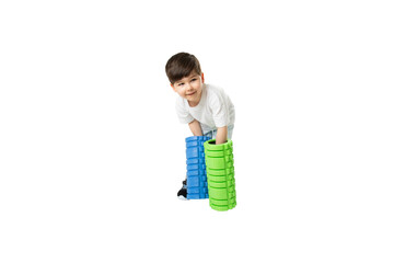 Boy Holding Foam Rollers, PNG, isolated on transparent Background