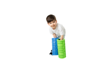 Boy Holding Foam Rollers, PNG, isolated on transparent Background