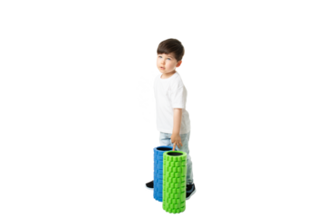 Boy Holding Foam Rollers, PNG, isolated on transparent Background