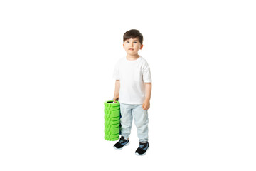 Boy Holding Foam Rollers, PNG, isolated on transparent Background